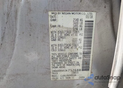 2018 Nissan Frontier Pro-4X z USA, uszkodzony, nr VIN 1N6AD0EVXJN752688